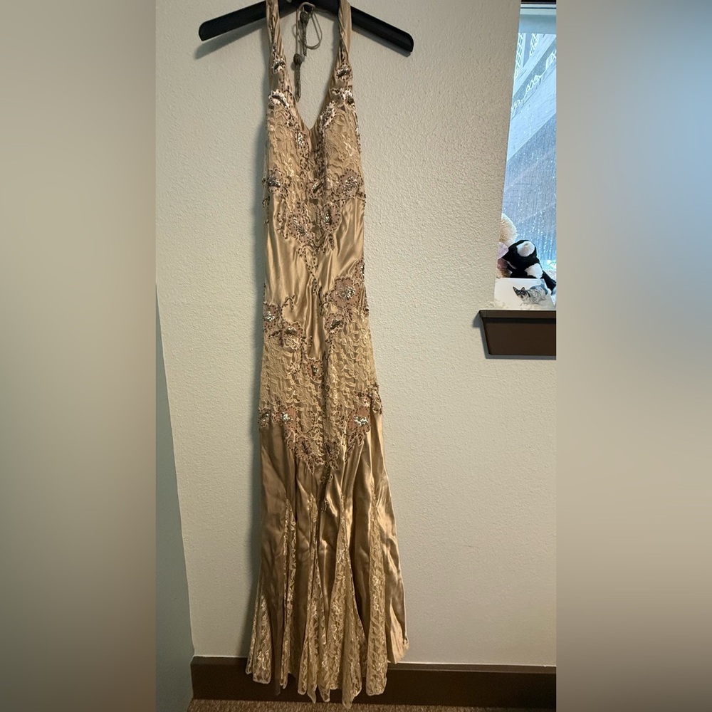 Cache Gold Halter Pleated Gown Vintage Y2K